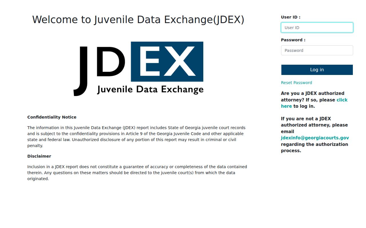 Georgia JDEX login for authorized juvenile data access